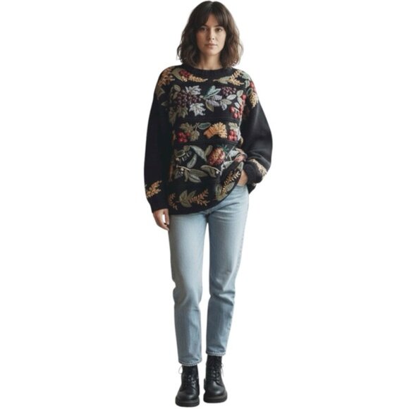 Vintage 80s NEW Tiara Floral Embroidery Cotton Sweater Pullover Oversized Boho L - Picture 1 of 15